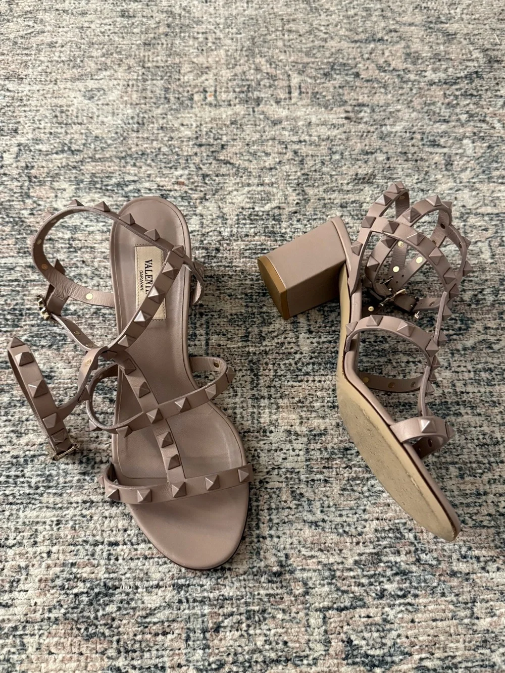 Valentino Garavani Taupe Rockstud Strappy Block Heel Sandals